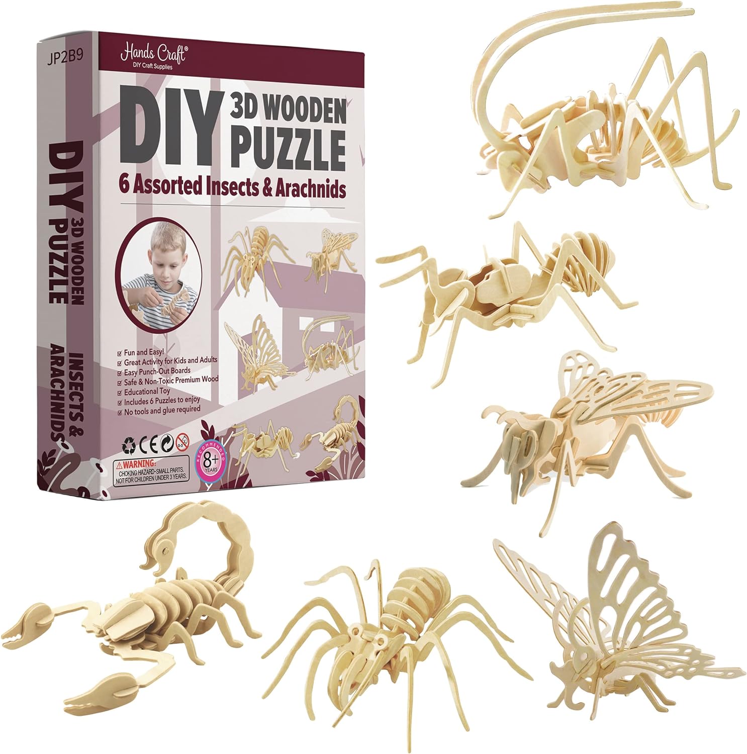 Hands Craft DIY 3D Wooden Puzzle  6 Assorted Insects & Arachnids Bundle Pack Brain Teaser Puzzles Educational STEM Toy Adults and Kids to Build Safe and Non-Toxic Easy Punch Out Premium Wood JP2B9