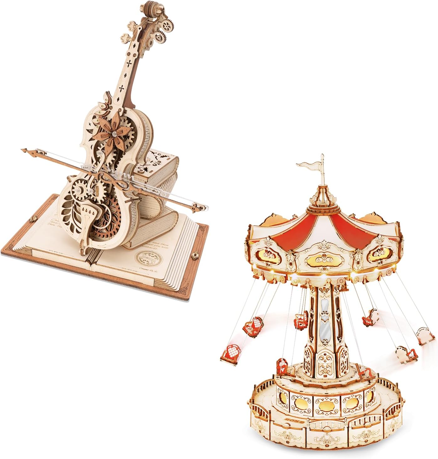 ROKR AMK63 EA02 3D Puzzles for Adults 1:5 Scale Cello Model Kit and Music Box Kit Rotating Swing Ride