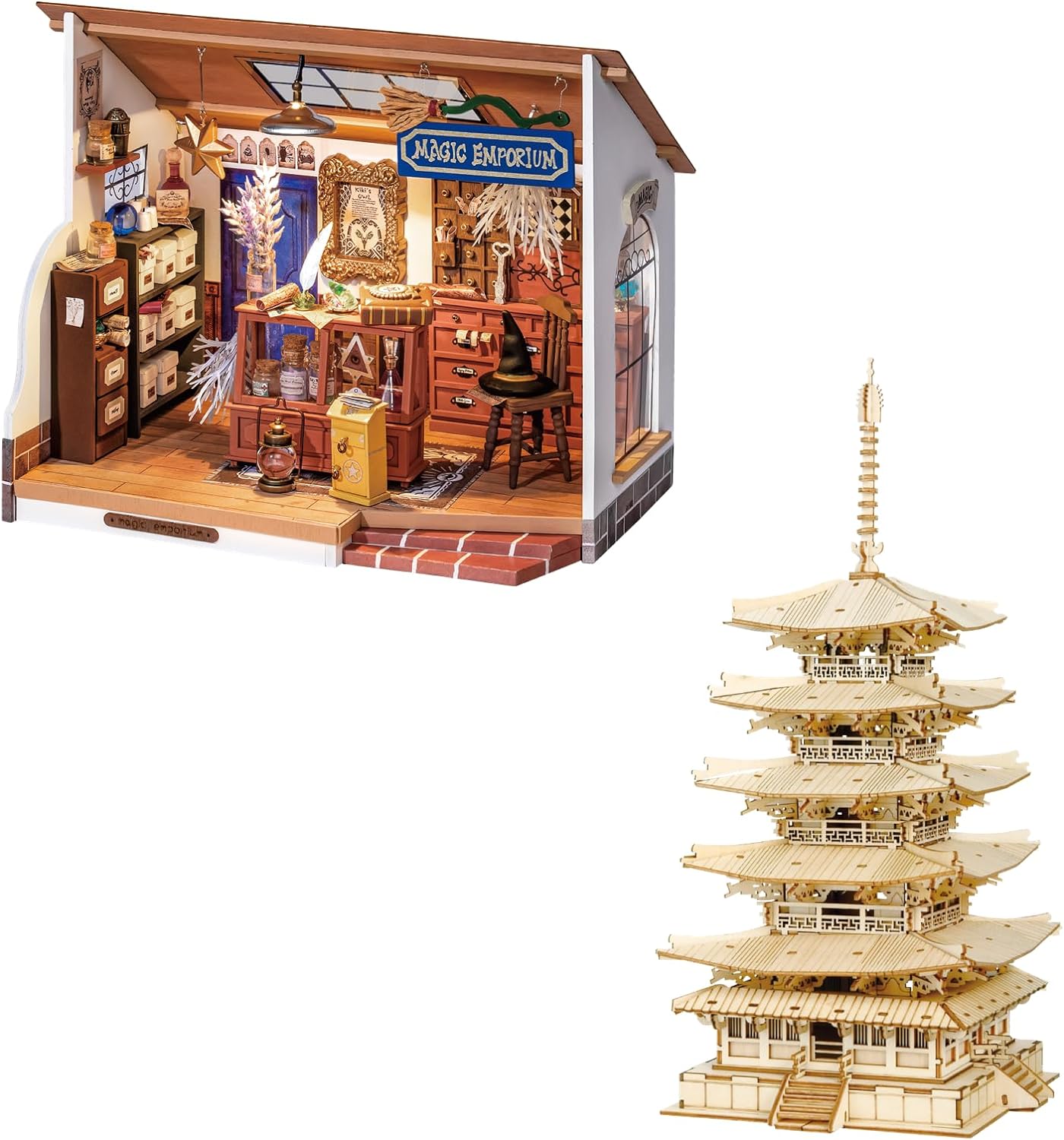 Rowood 3D Wooden Puzzles for Adults Bundle DIY Miniature House Kit, DIY Five-Storied Pagoda Bundle Kiki' Magic House,Wooden Model Kits for Adults,Gifts for Teens on Christmas