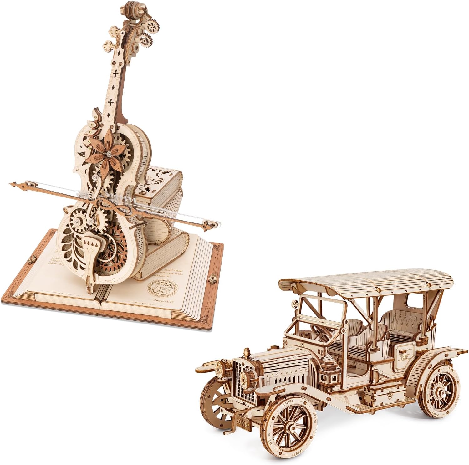 ROKR 3D Wooden Puzzles for Adults Bundle Set - Cello Music Box & Vintage Car Model Kit, Unique Gift Hobby for Boys Girls Family