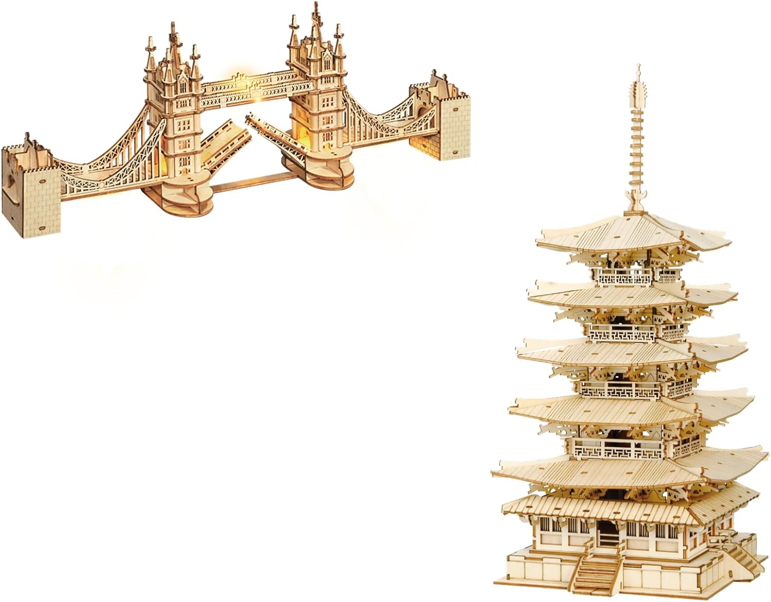 Rowood 3D Wooden Puzzles for Adults, DIY Five-Storied Pagoda Bundle London Tower Bridge,Gifts for Teens on Christmas