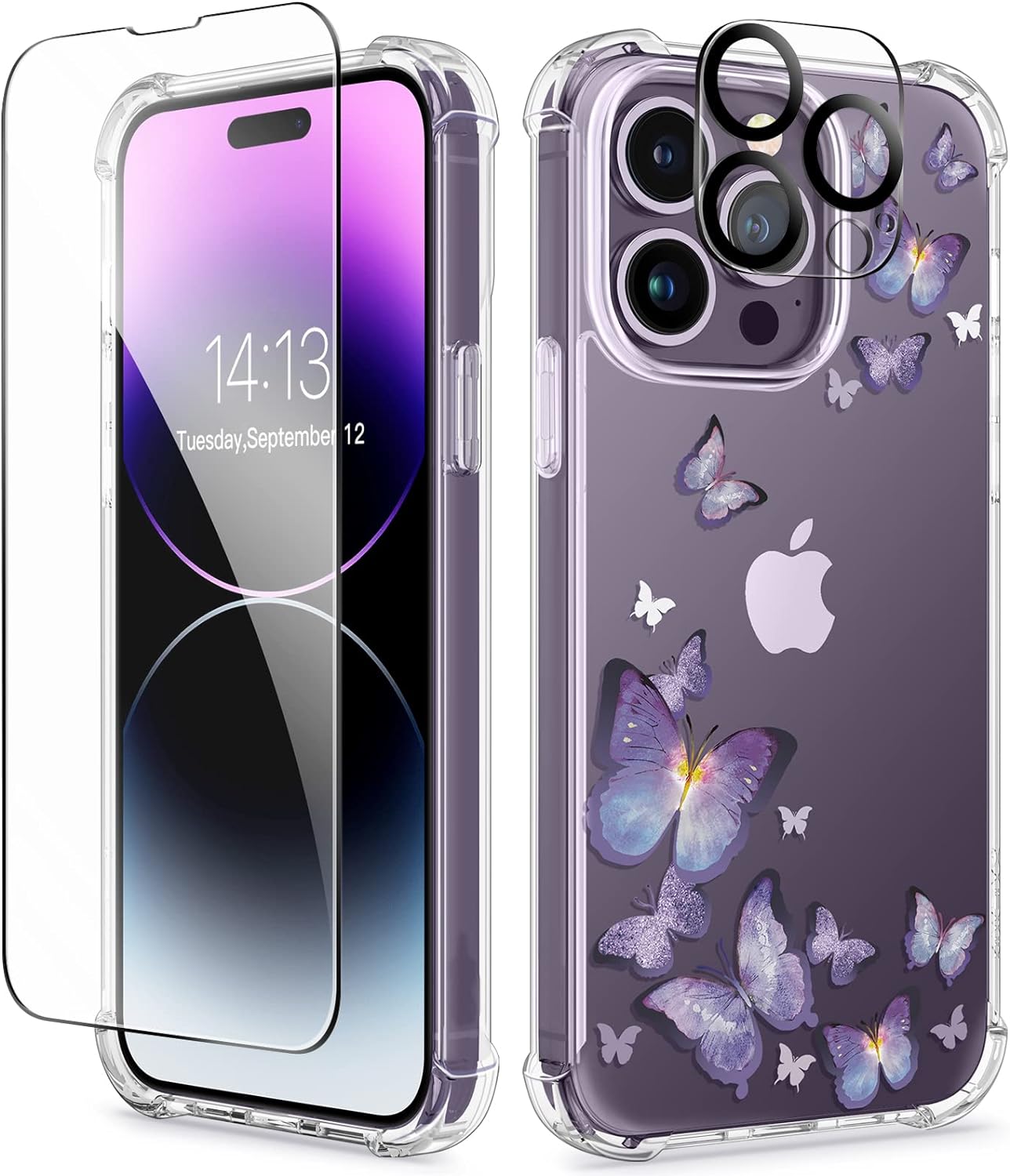 GVIEWIN for iPhone 14 Pro Case with Screen Protector & Camera Lens Protector, Floral Slim Shockproof Protective Hard PC+TPU Bumper Flower Women Phone Cover for 14 Pro, 6.1(Alluring Butterfly/Purple)