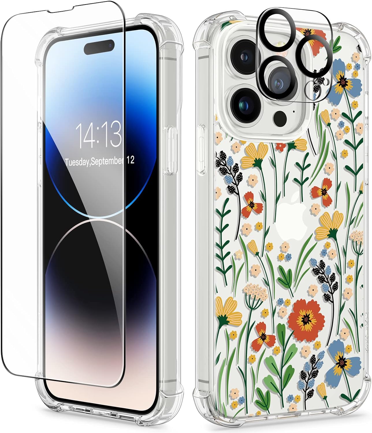 GVIEWIN for iPhone 14 Pro Case with Screen Protector & Camera Lens Protector, Floral Slim Shockproof Protective Hard PC+TPU Bumper Flower Women Phone Cover for 14 Pro, 6.1(Blooming Flowerets)