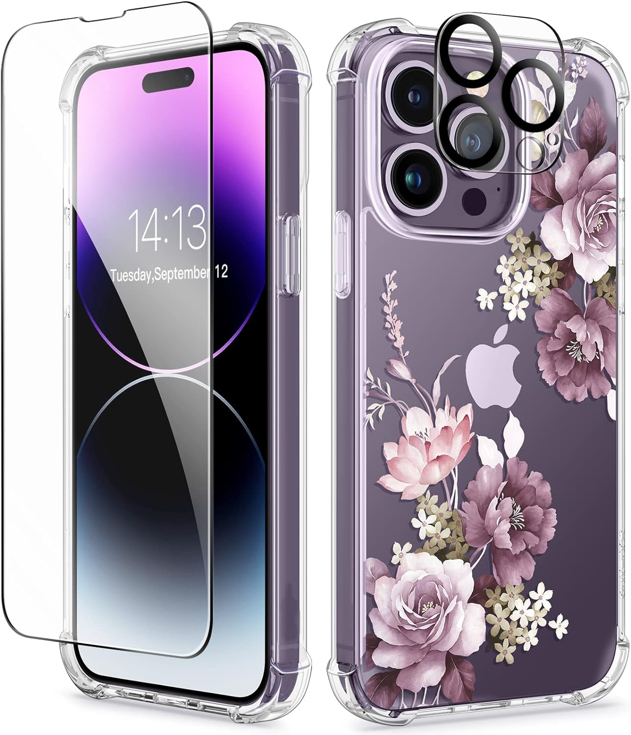 GVIEWIN for iPhone 14 Pro Case with Screen Protector & Camera Lens Protector, Floral Slim Shockproof Protective Hard PC+TPU Bumper Flower Women Phone Cover for 14 Pro, 6.1 (Cherry Blossoms/Purple)