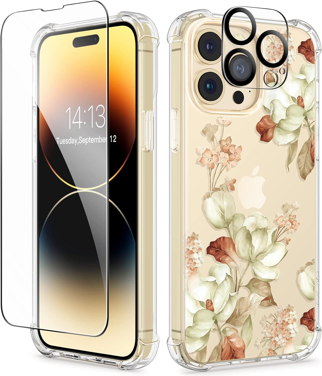 GVIEWIN Designed for iPhone 14 Pro Max Case, Screen Protector + Camera Lens Protector Flower Shockproof Clear Floral Design Protective Women Phone Cover for iPhone 14 ProMax (Ancattleya/White)