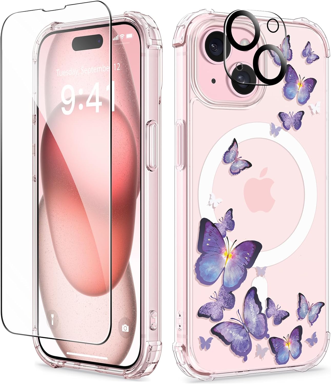 GVIEWIN Compatible with iPhone 15 Case 6.1, Compatible with MagSafe, [Screen Protector + Camera Protector] [MIL-Grade Protection] Magnetic Floral Clear Shockproof Women Cover (Butterfly/Purple)