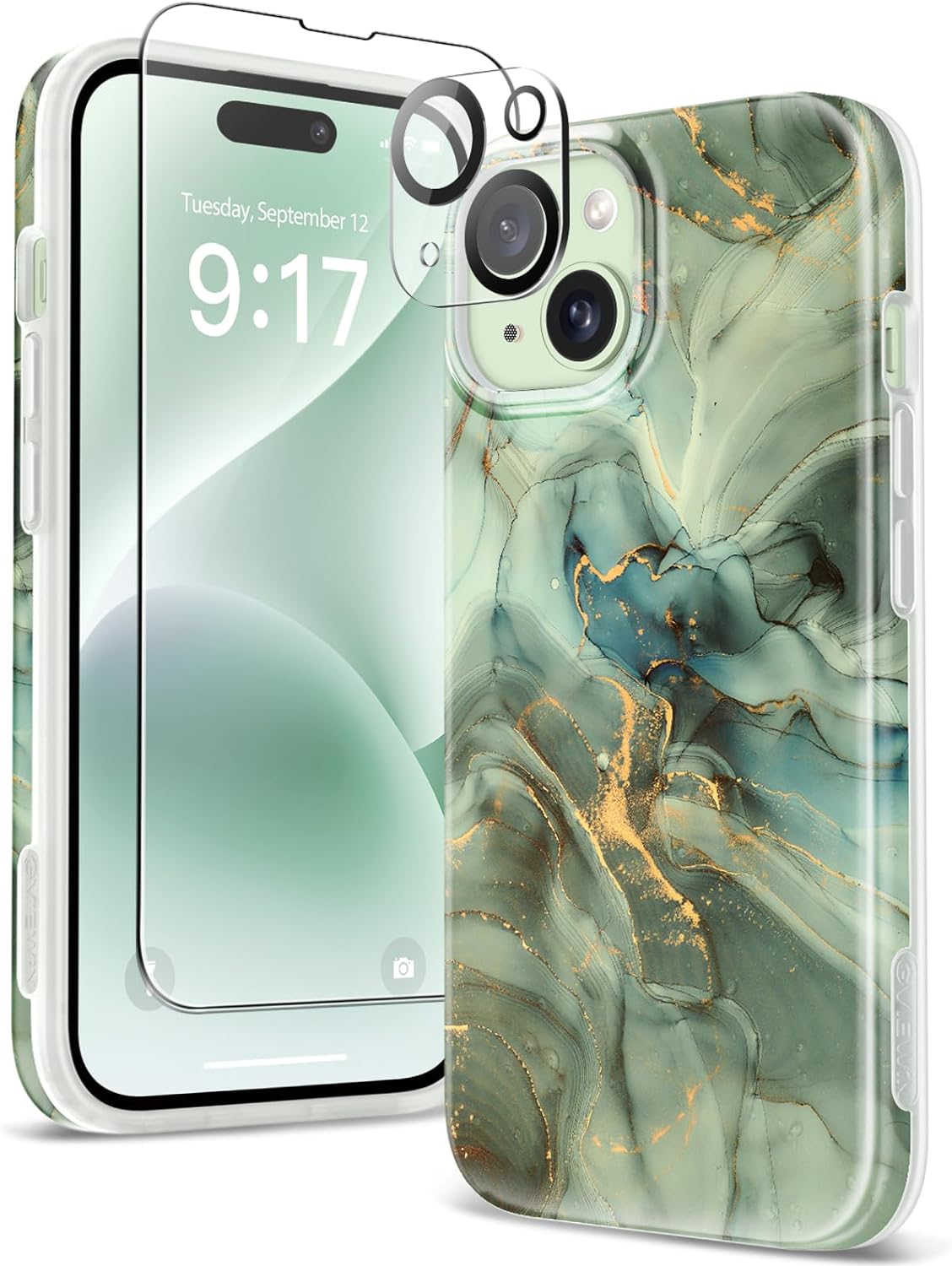 GVIEWIN Marble for iPhone 15 Case, with Screen Protector & Camera Lens Protector, [10FT Military Grade Drop Protection] Slim TPU Phone Case Cover Women for iPhone 15 6.1 2023 (Desert Dream/Green)