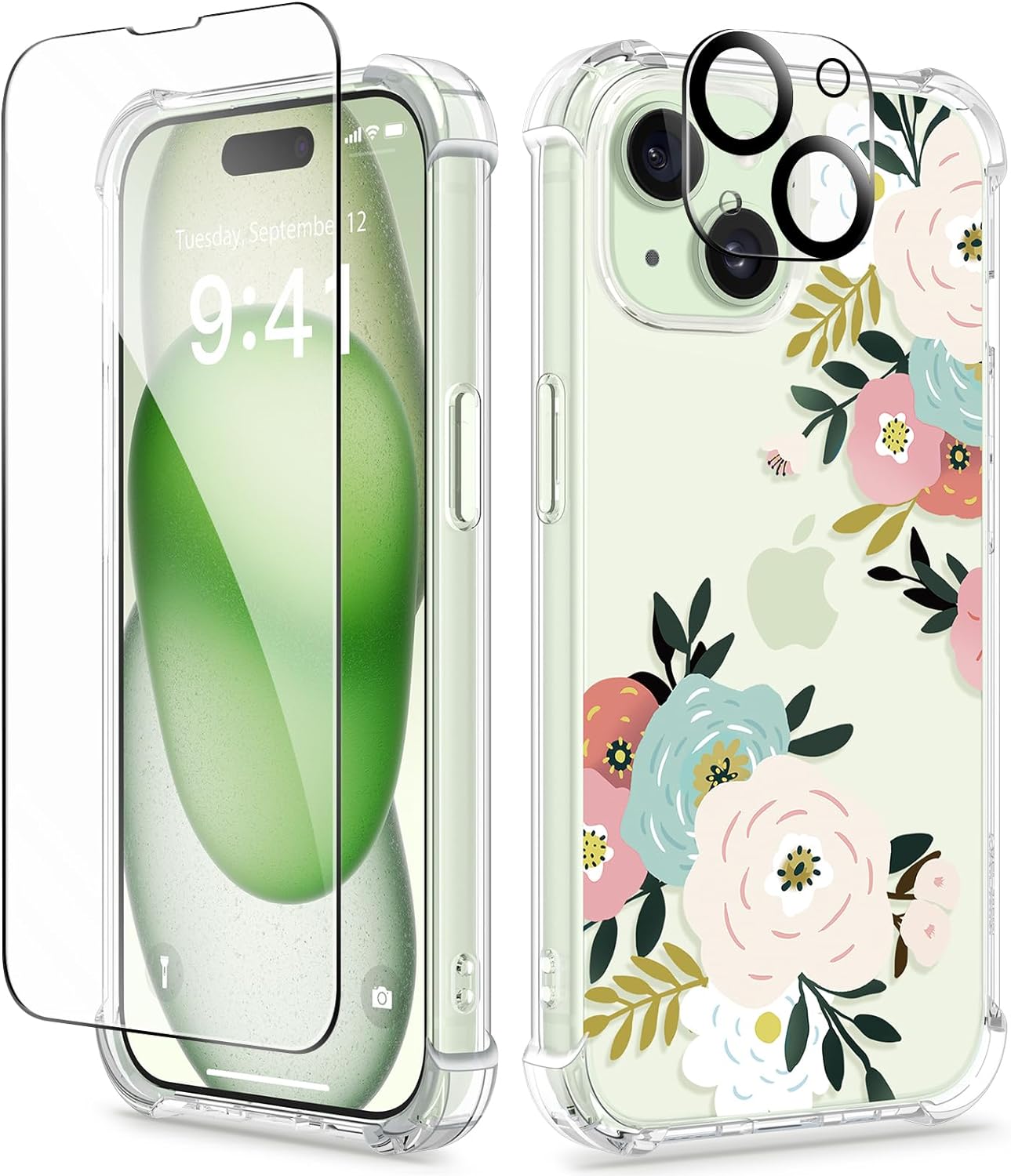 GVIEWIN 5 in 1 Designed for iPhone 15 Plus Case 6.7 Inch, with 2 Screen Protector + 2 Camera Protector Clear Flower [Not-Yellowing] Shockproof Women Slim Phone Cover, 2023(Abundant Blossom/White)