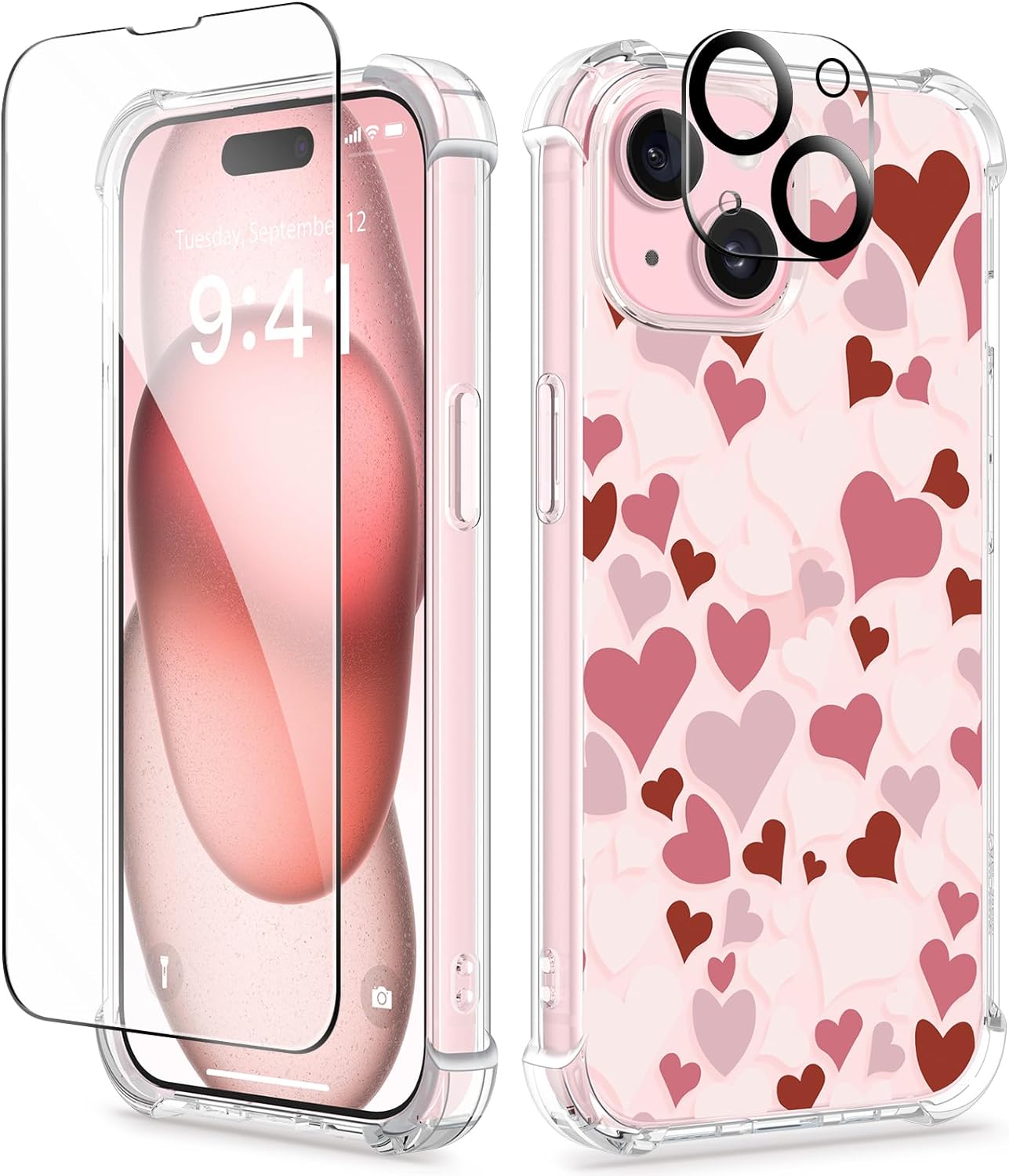 GVIEWIN 5 in 1 Designed for iPhone 15 Plus Case 6.7 Inch, with 2 Screen Protector + 2 Camera Protector Clear Flower [Not-Yellowing] Shockproof Women Slim Phone Cover, 2023 (Heart/Pink)