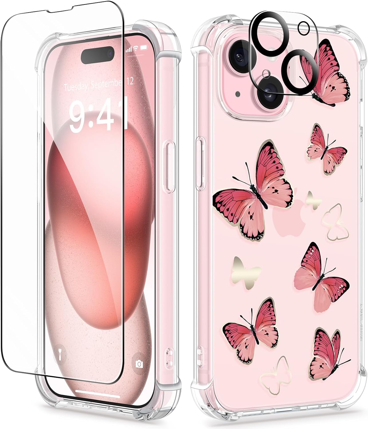 GVIEWIN 5 in 1 Designed for iPhone 15 Plus Case 6.7 Inch, with 2 Screen Protector + 2 Camera Protector Clear Flower [Not-Yellowing] Shockproof Women Slim Phone Cover, 2023 (Vanessa/Pink)