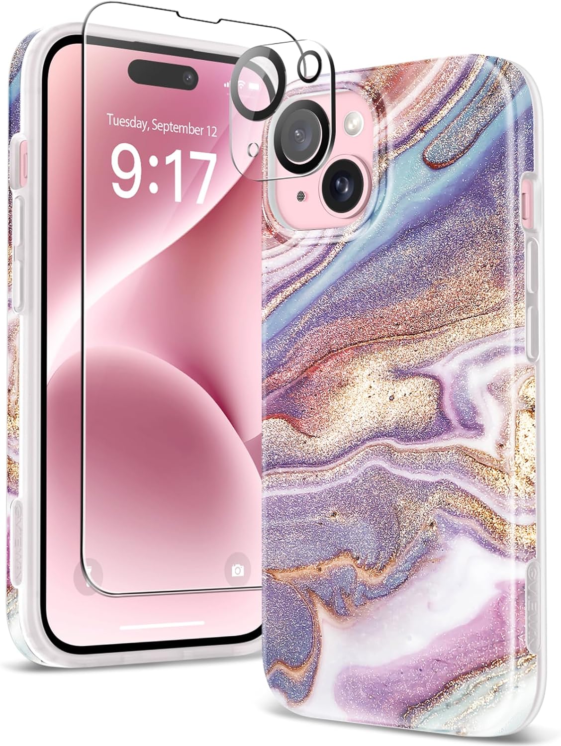 GVIEWIN Marble for iPhone 15 Case, with Screen Protector & Camera Lens Protector, [10FT Military Grade Drop Protection] Slim TPU Phone Case Cover Women for iPhone 15 6.1 2023 (Flowing Sakura/Pink)