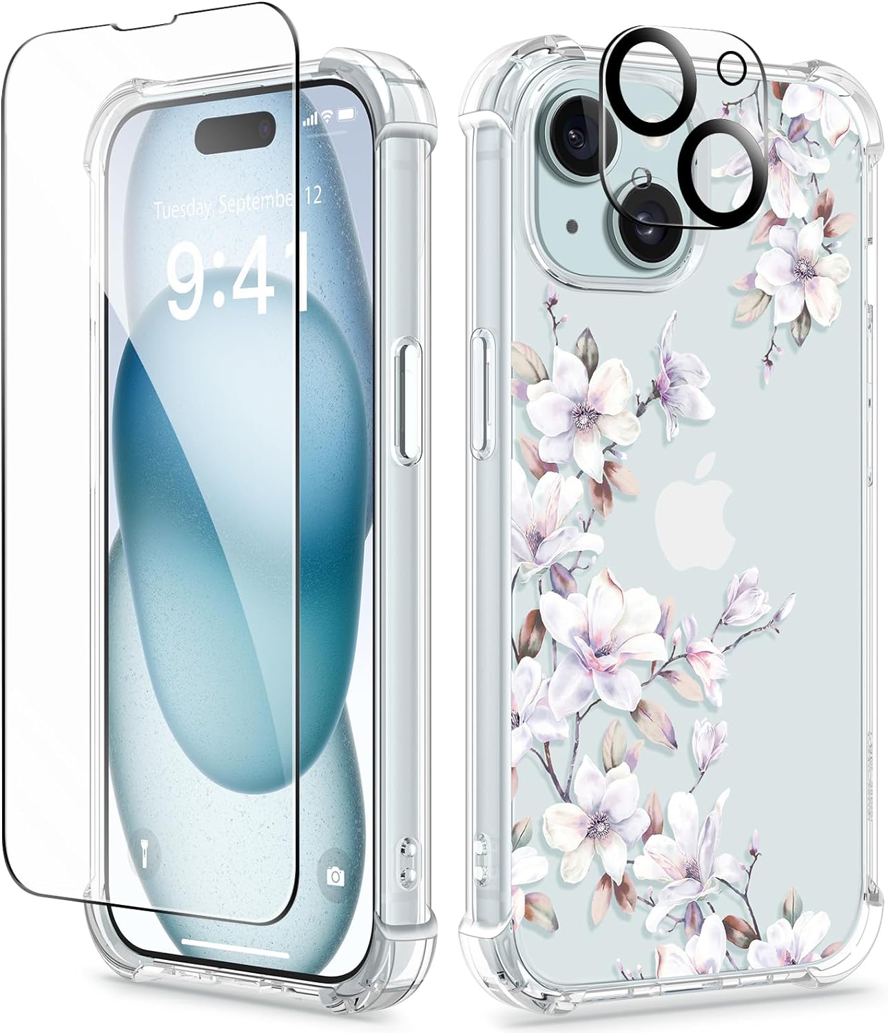 GVIEWIN 5 in 1 Designed for iPhone 15 Plus Case 6.7 Inch, with 2 Screen Protector + 2 Camera Protector Clear Flower [Not-Yellowing] Shockproof Women Slim Phone Cover, 2023 (Lilly/Light Purple)