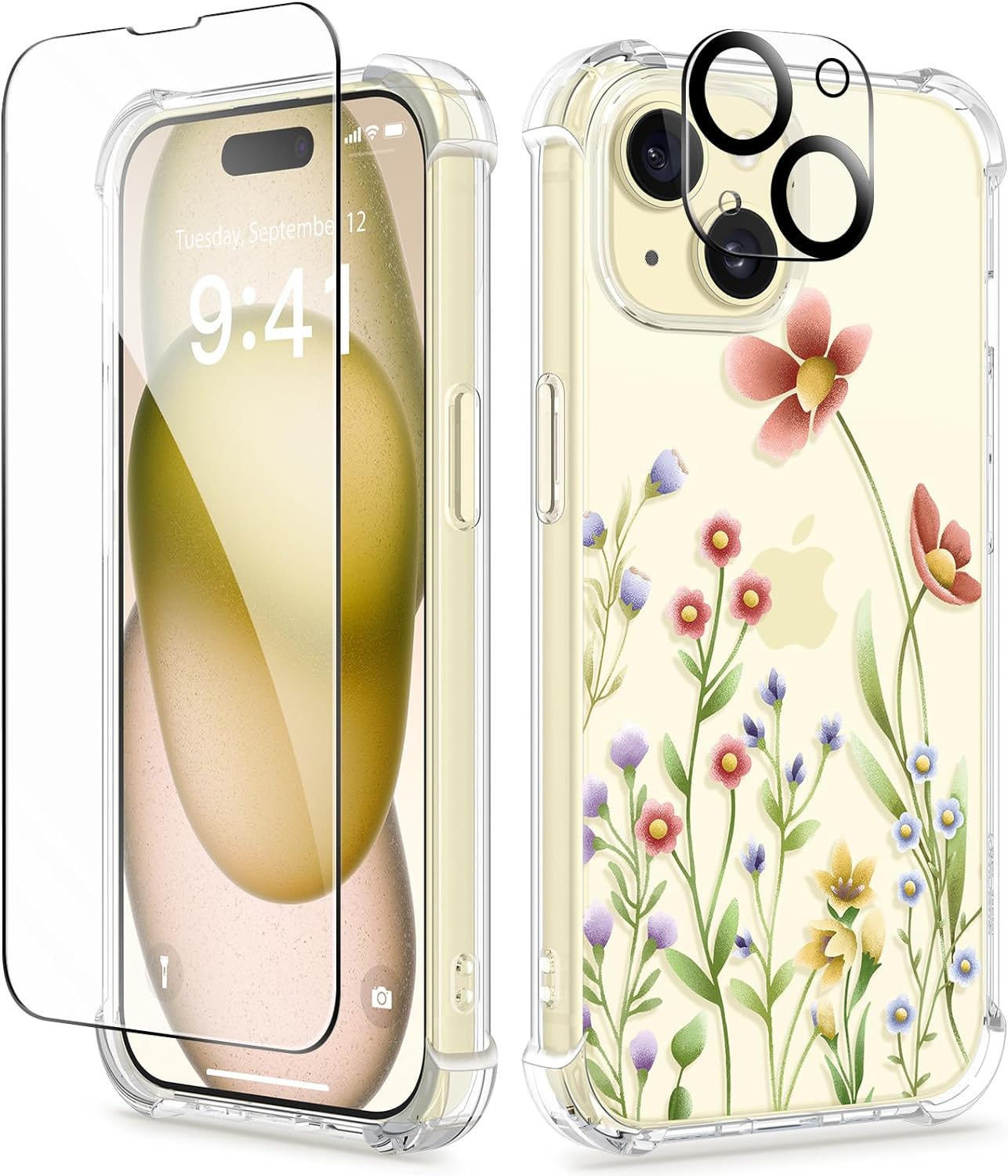 GVIEWIN 5 in 1 Designed for iPhone 15 Plus Case 6.7 Inch, with 2 Screen Protector + 2 Camera Protector Clear Flower [Not-Yellowing] Shockproof Women Slim Phone Cover, 2023 (Aconite/Pink)