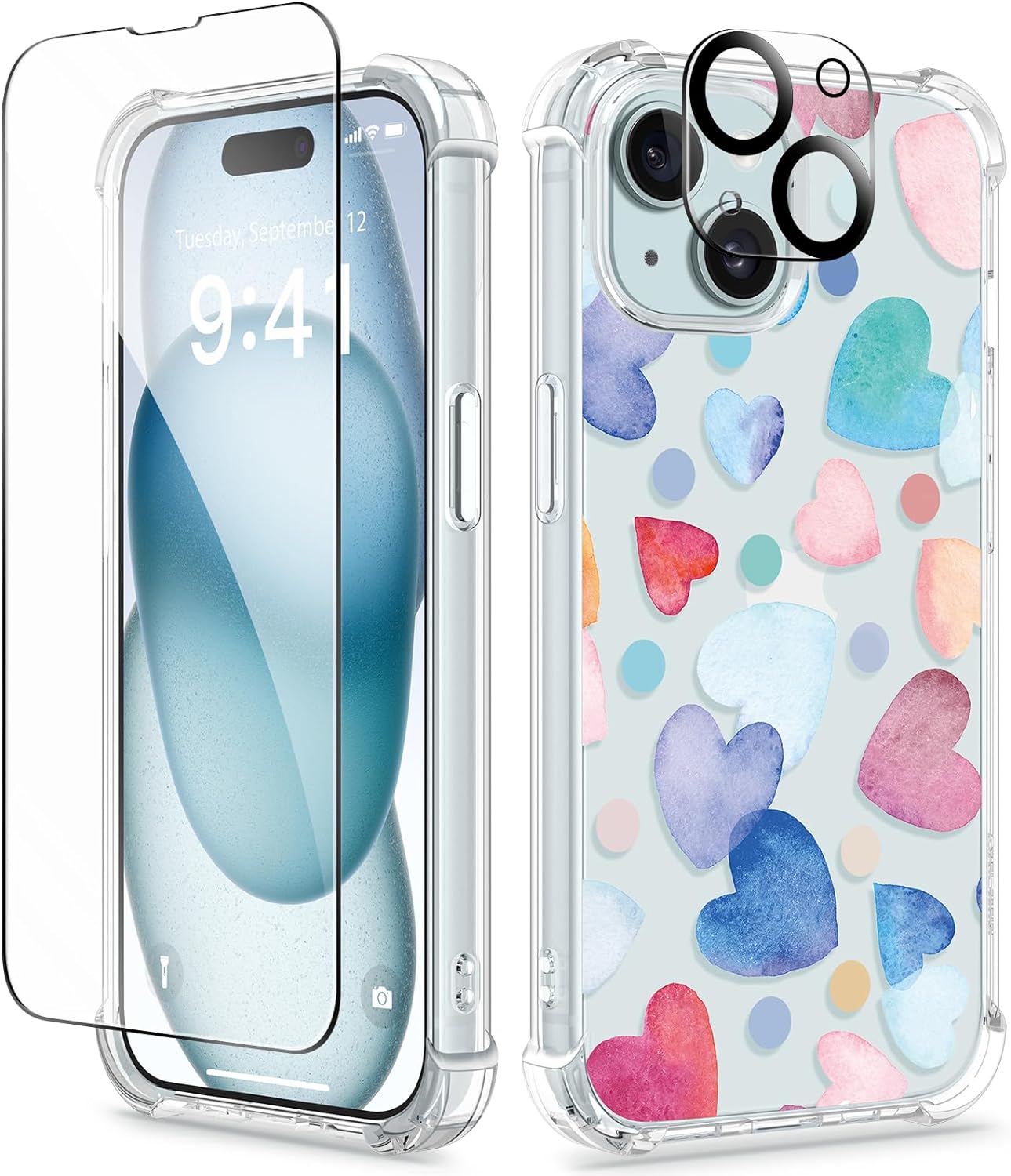 GVIEWIN 5 in 1 Designed for iPhone 15 Plus Case 6.7 Inch, with 2 Screen Protector + 2 Camera Protector Clear Flower [Not-Yellowing] Shockproof Women Slim Phone Cover, 2023 (Heart/Colorful)