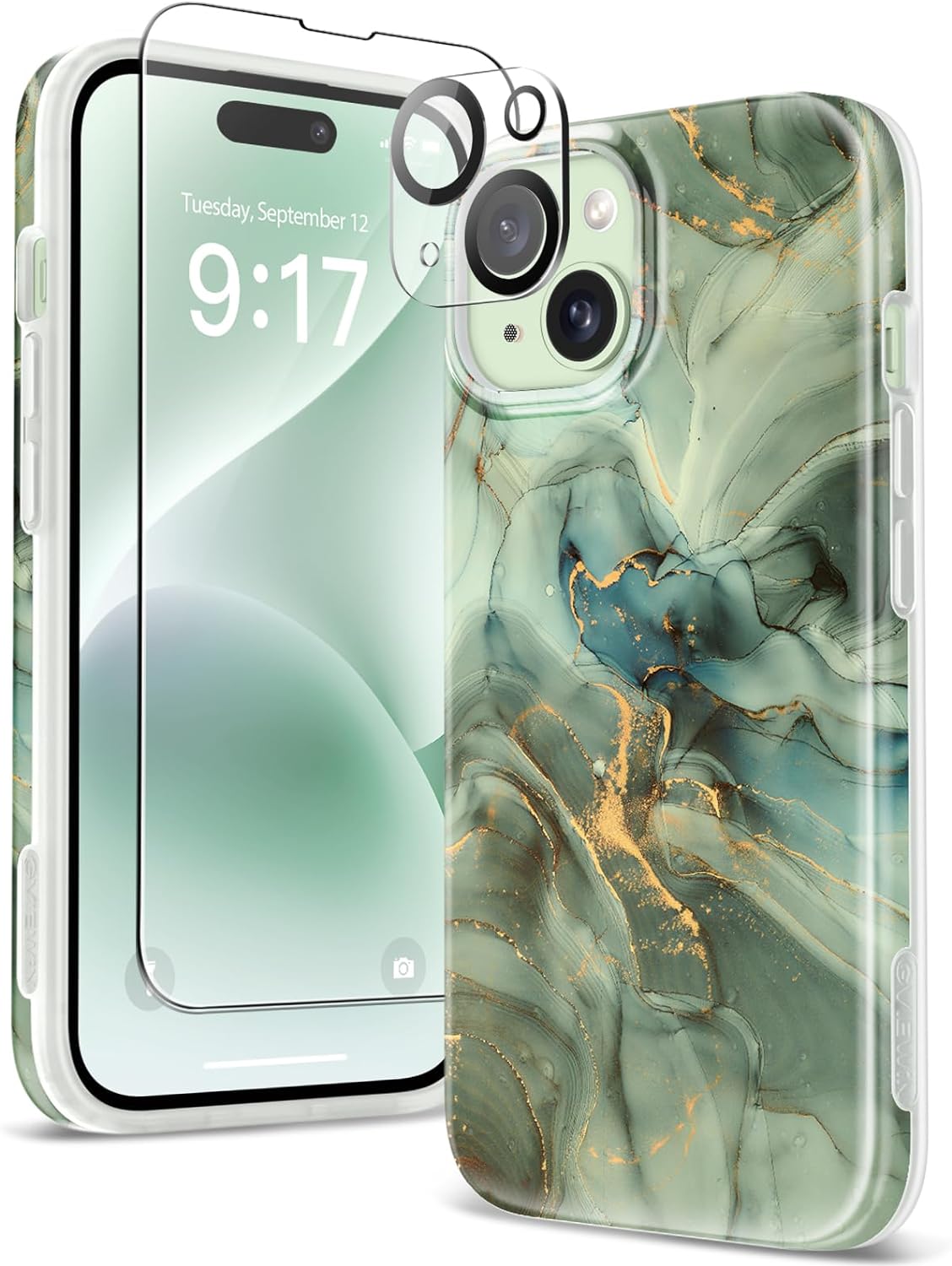 GVIEWIN Marble for iPhone 15 Plus Case, with Screen Protector Camera Lens Protector, [Military Grade Drop Protection] Slim Soft TPU Protective Phone Cover for iPhone 15 Plus 6.7''(Desert Dream/Green)