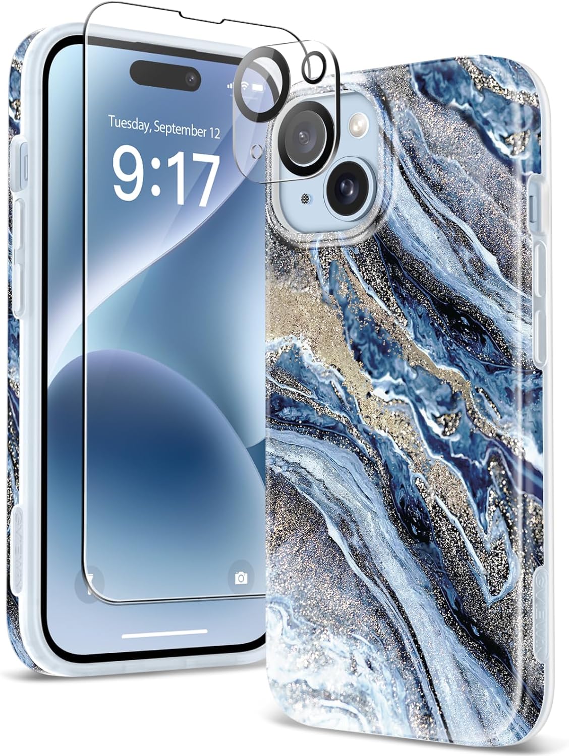 GVIEWIN Marble for iPhone 15 Plus Case, with Screen Protector Camera Lens Protector, [Military Grade Drop Protection] Slim Soft TPU Protective Phone Cover for iPhone 15 Plus 6.7''(Stream/Blue)