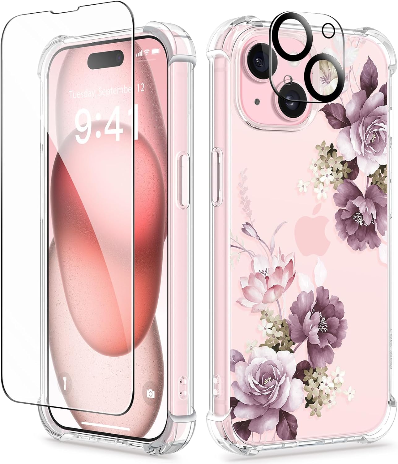 GVIEWIN 3 in 1 Designed for iPhone 15 Plus Case 6.7 Inch, with Screen Protector + Camera Protector Clear Flower [Not-Yellowing] Shockproof Women Slim Phone Cover, 2023(Cherry Blossoms/Purple)