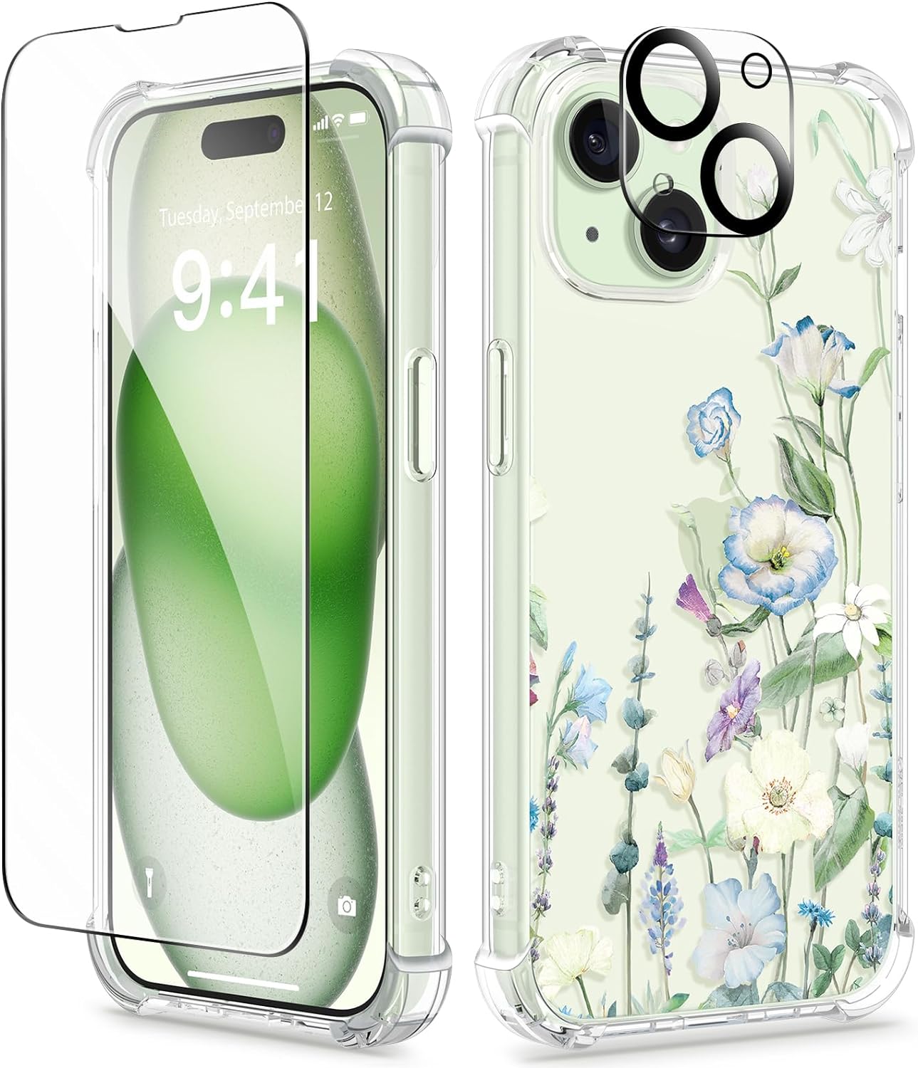 GVIEWIN 5 in 1 Designed for iPhone 15 Plus Case 6.7 Inch, with 2 Screen Protector + 2 Camera Protector Clear Flower [Not-Yellowing] Shockproof Women Slim Phone Cover, 2023 (Aquilegia/White)