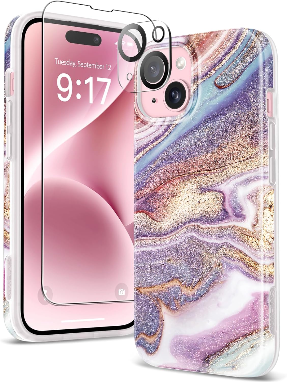 GVIEWIN Marble for iPhone 15 Plus Case, with Screen Protector Camera Lens Protector, [Military Grade Drop Protection] Slim Soft TPU Protective Phone Cover for iPhone 15 Plus 6.7''(Flowing Sakura/Pink)