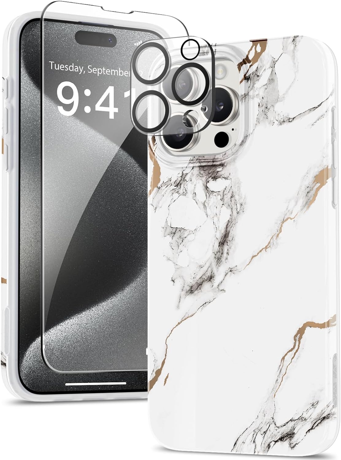 GVIEWIN for iPhone 15 Pro Case with Screen Protector+Camera Lens Protector, [Military Grade Drop Protection] Slim Marble Design Soft TPU Protective Phone Cover for 15 Pro 6.1 (White/Marble)