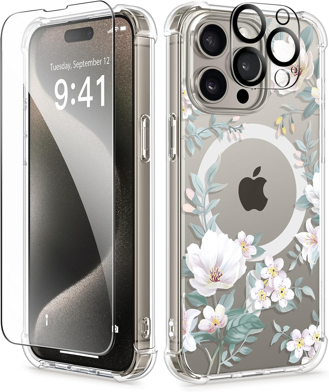 GVIEWIN Magnetic for iPhone 15 Pro Max Case with Screen Protector   Camera Protector, [Compatible with MagSafe] [10FT Drop Protection] Clear Floral Phone Cover Women for 15 ProMax (Magnolia/White)