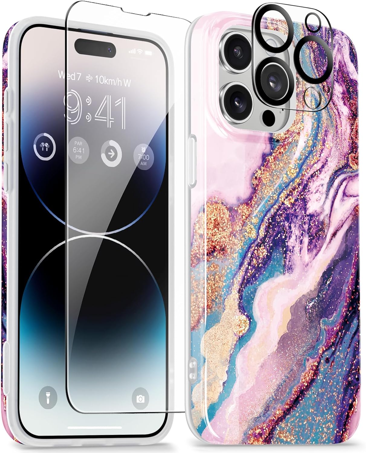 GVIEWIN for iPhone 15 Pro Max Case 6.7, Screen Protector+Camera Lens Protector, Shockproof Drop Protection, Marble Design Slim Soft TPU for iPhone 15 ProMax Women Phone Cover (Dreamland River/Purple)