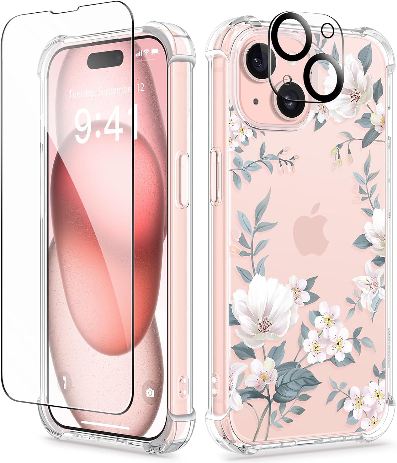 GVIEWIN 5 in 1 Designed for iPhone 15 Plus Case 6.7 Inch, with 2 Screen Protector   2 Camera Protector Clear Flower [Not-Yellowing] Shockproof Women Slim Phone Cover, 2023 (Magnolia/White)