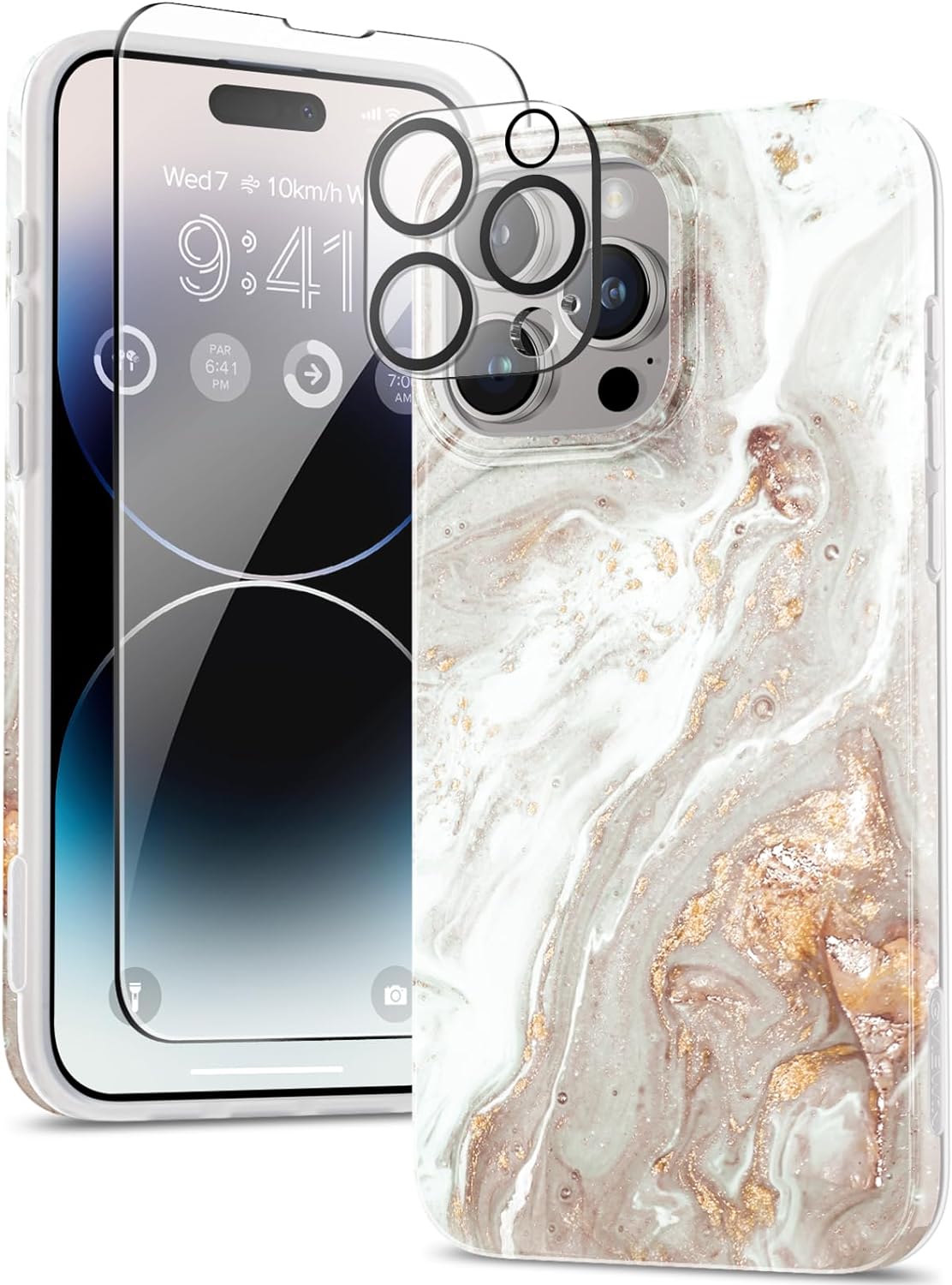 GVIEWIN for iPhone 15 Pro Max Case 6.7, Screen Protector Camera Lens Protector, Shockproof Drop Protection, Marble Design Slim Soft TPU for iPhone 15 ProMax Women Phone Cover (Pearlescent/Gold)