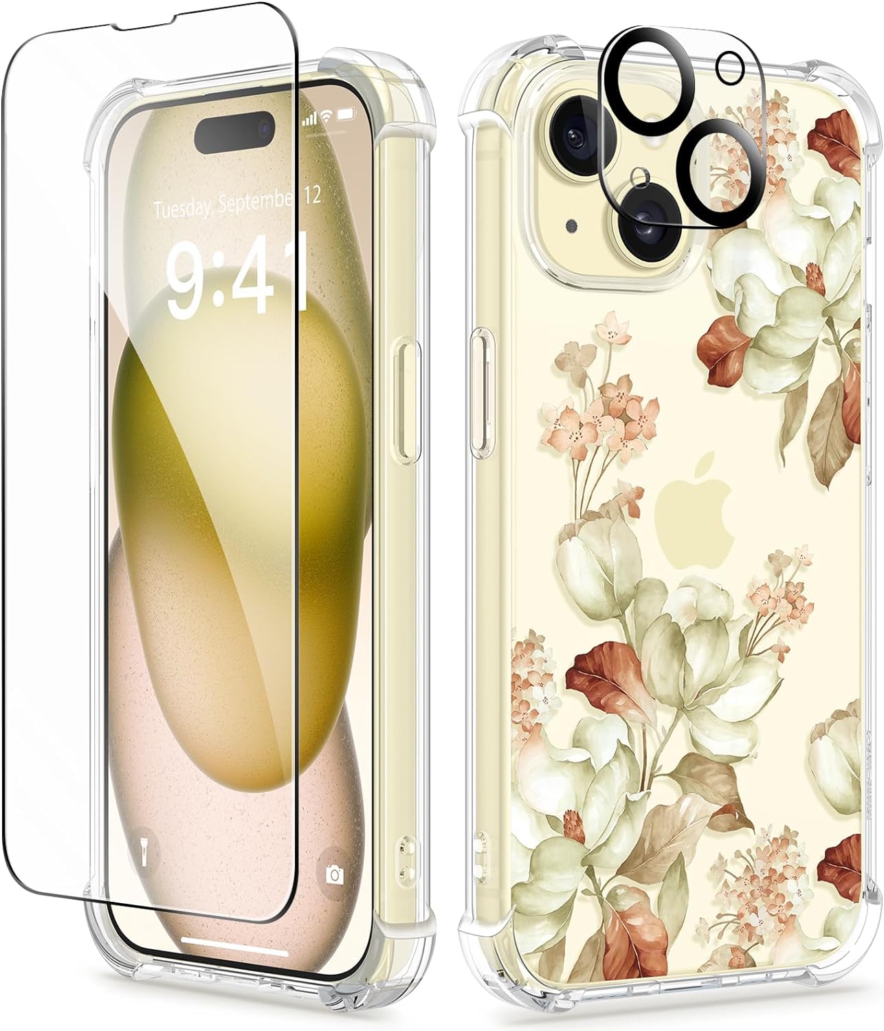 GVIEWIN 5 in 1 Designed for iPhone 15 Plus Case 6.7 Inch, with 2 Screen Protector + 2 Camera Protector Clear Flower [Not-Yellowing] Shockproof Women Slim Phone Cover, 2023 (Cattleya/White)