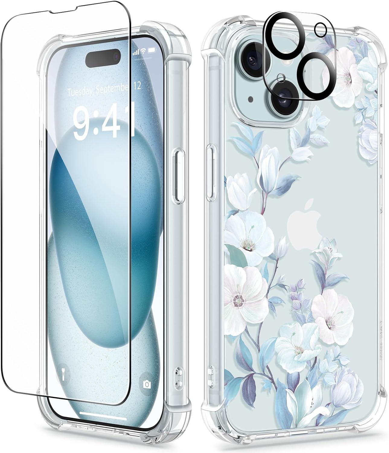 GVIEWIN 5 in 1 Designed for iPhone 15 Plus Case 6.7 Inch, with 2 Screen Protector   2 Camera Protector Clear Flower [Not-Yellowing] Shockproof Women Slim Phone Cover, 2023 (Hibiscus)