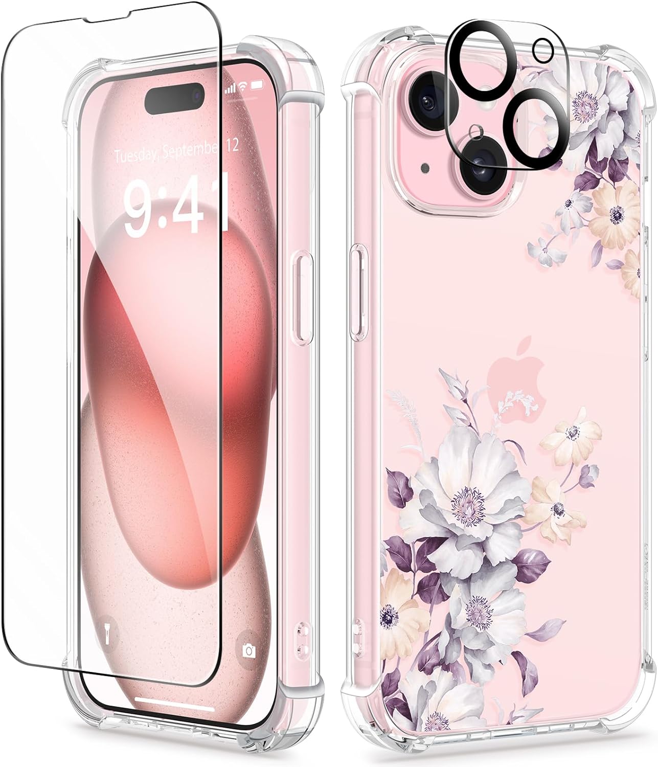 GVIEWIN 5 in 1 Designed for iPhone 15 Plus Case 6.7 Inch, with 2 Screen Protector   2 Camera Protector Clear Flower [Not-Yellowing] Shockproof Women Slim Phone Cover, 2023 (Aster/Purple)