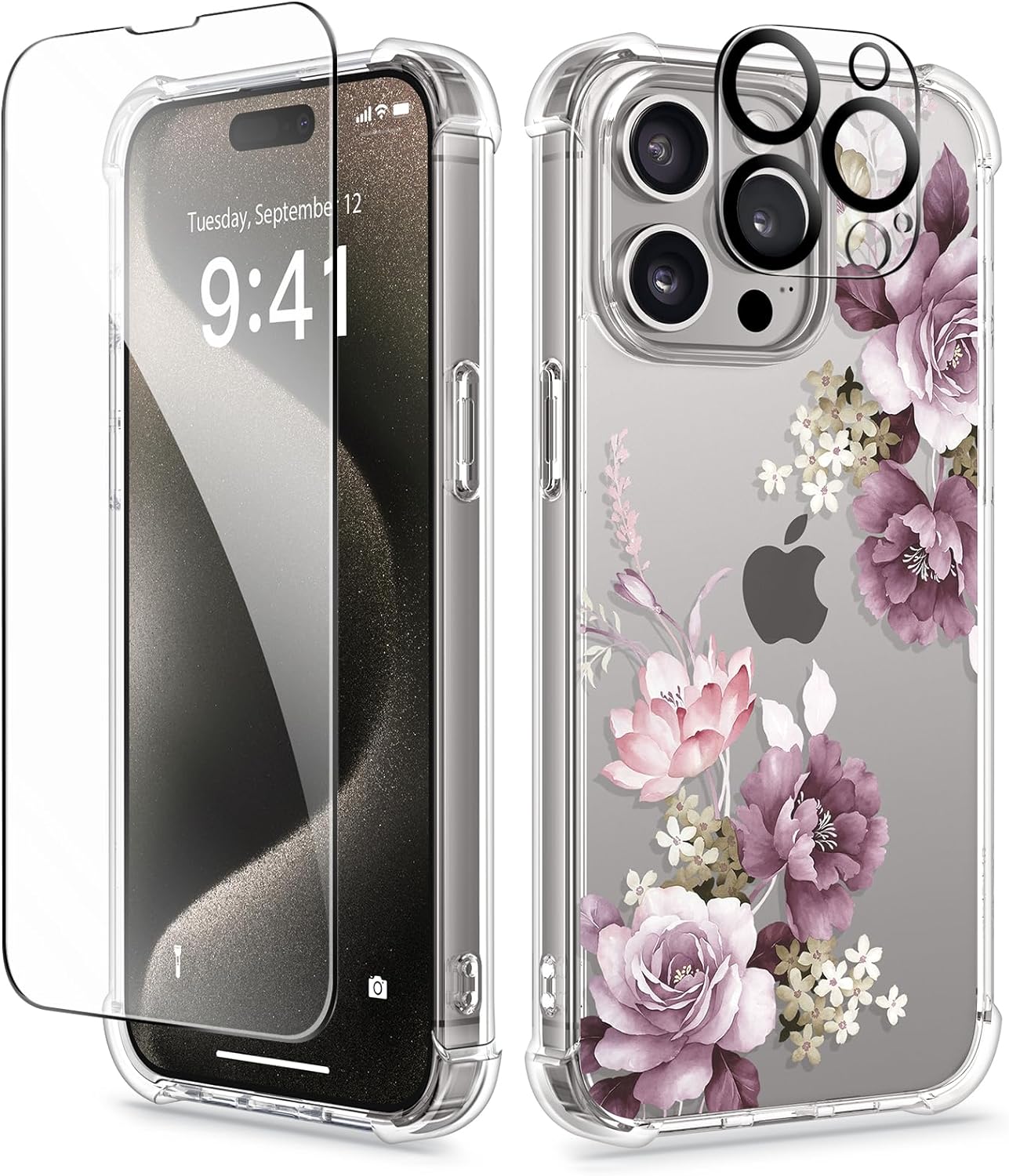 GVIEWIN for iPhone 15 Pro Max Case Floral,with Screen Protector & Camera Lens Protector, Hard PC   TPU Bumper Shockproof Protective Clear Flower Women Phone Cover 6.7(Cherry Blossoms/Purple)