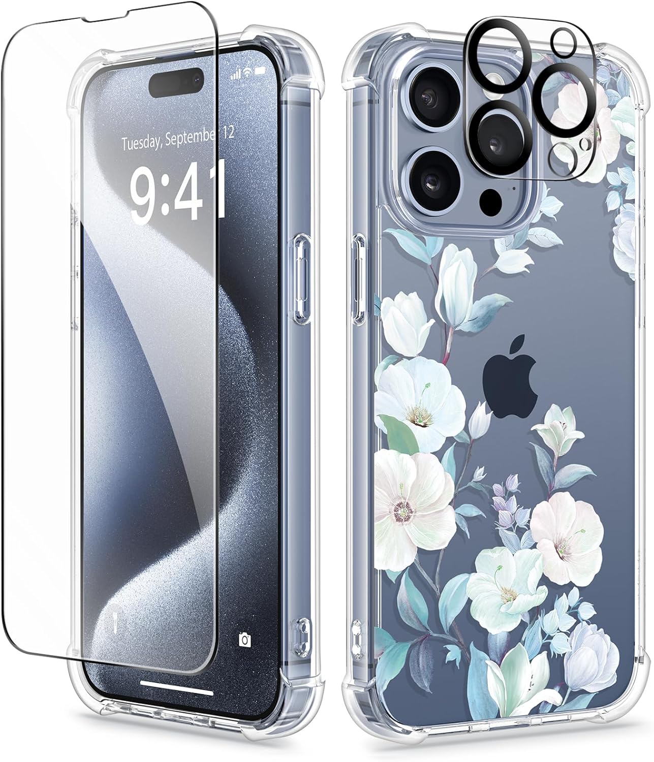 GVIEWIN for iPhone 15 Pro Max Case Floral,with Screen Protector & Camera Lens Protector, Hard PC   TPU Bumper Shockproof Protective Clear Flower Women Phone Cover 6.7(Hibiscus)