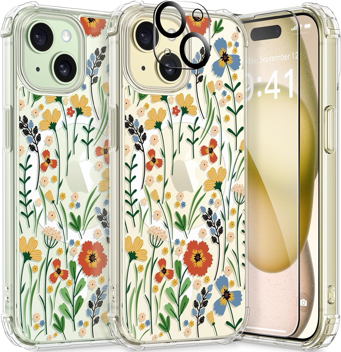 GVIEWIN Designed for iPhone 15 Case 6.1, Compatible with MagSafe, [Screen Protector   Camera Protector] [MIL-Grade Protection] Magnetic Floral Clear Shockproof Women Cover (Blooming Flowerets)