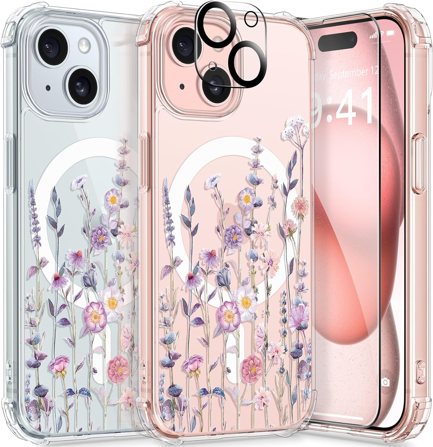 GVIEWIN Designed for iPhone 15 Case 6.1, Compatible with MagSafe, [Screen Protector   Camera Protector] [MIL-Grade Protection] Magnetic Floral Clear Shockproof Women Cover (Floratopia/Colorful)