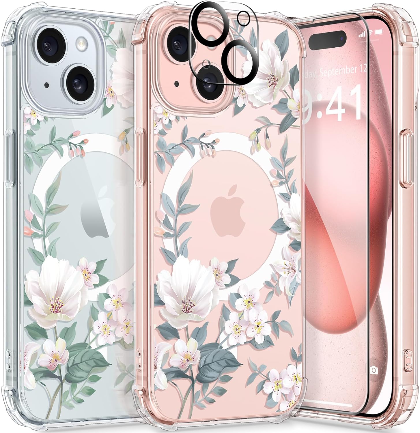 GVIEWIN Designed for iPhone 15 Plus Case 6.7, Compatible with MagSafe, [Screen Protector   Camera Protector] [MIL-Grade Protection] Magnetic Floral Clear Shockproof Women Cover (Magnolia/White)