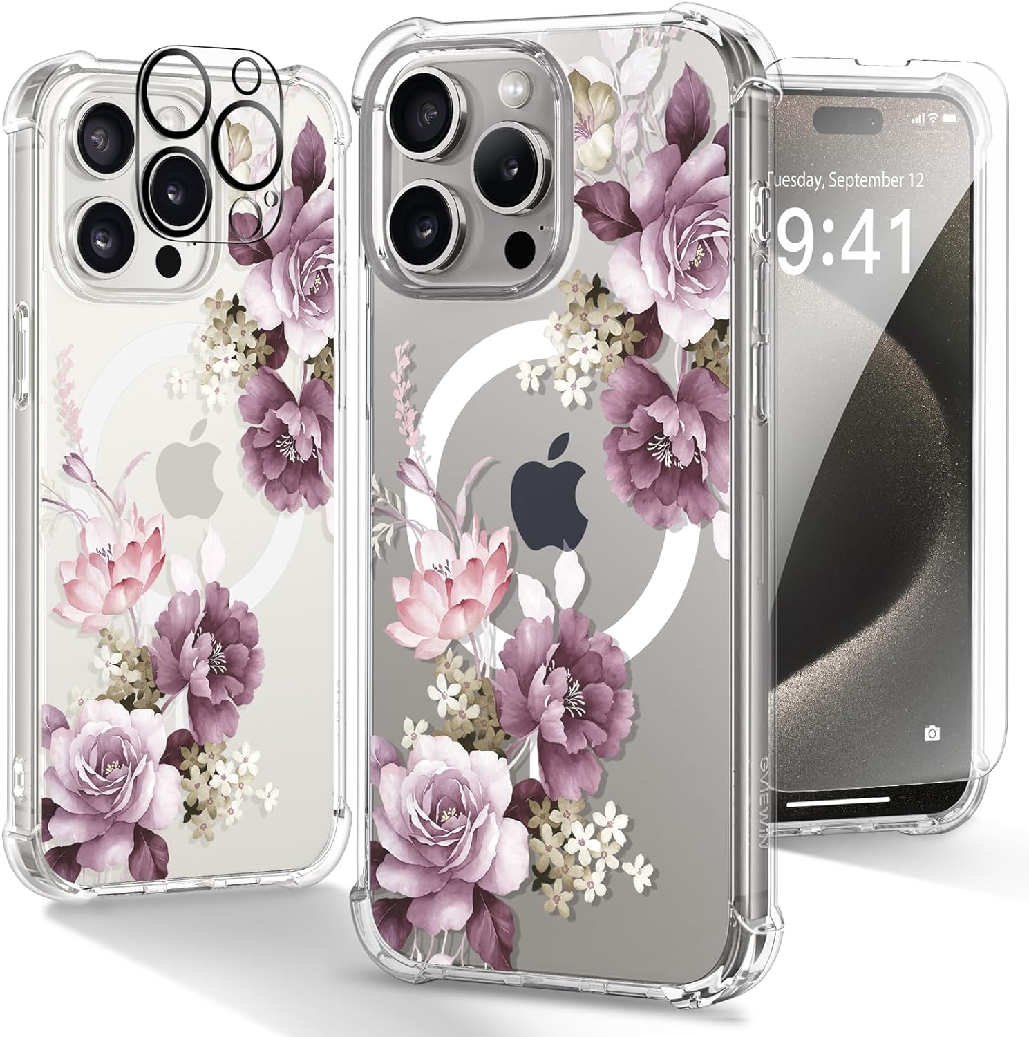 GVIEWIN Magnetic for iPhone 15 Pro Case 6.1, Screen Protector Camera Lens Protector, [Compatible with MagSafe] Slim Clear Floral Shockproof Protective Women Phone Cover (Cherry Blossoms/Purple)