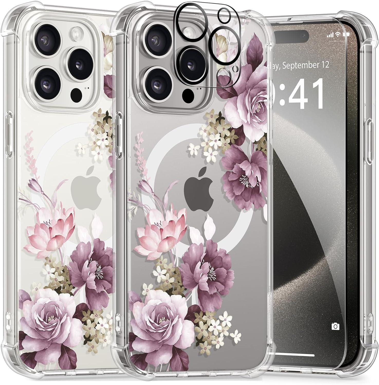 GVIEWIN Magnetic for iPhone 15 Pro Max Case with Screen Protector   Camera Protector, [Compatible with MagSafe] [10FT Drop Protection] Clear Floral Phone Cover Women for 15 ProMax (Cherry Blossoms)