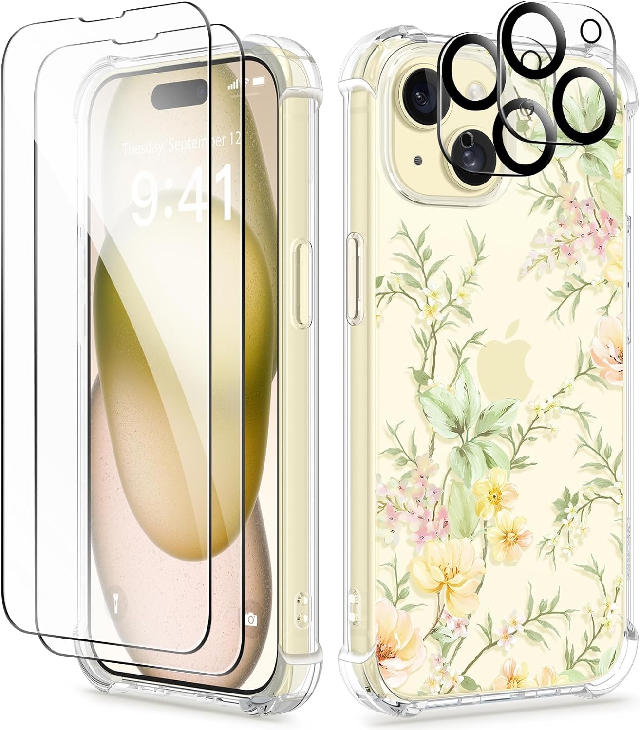 GVIEWIN for iPhone 15 Case, [5 in 1] with 2X Screen Protector & 2X Camera Lens Protector, Clear Soft Shockproof Slim Fit Floral Phone Cover for Women Girls 2023 6.1 (Peach Blossom/Yellow)