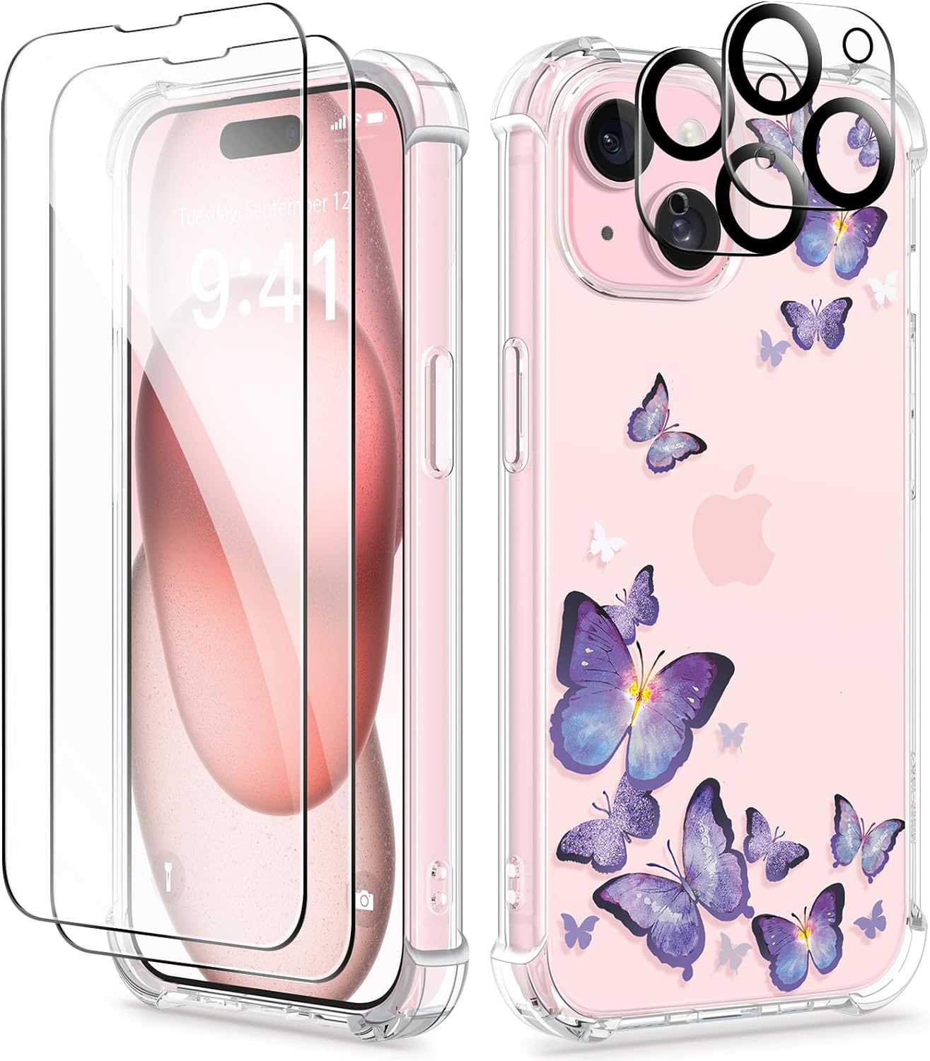 GVIEWIN for iPhone 15 Case, [5 in 1] with 2X Screen Protector & 2X Camera Lens Protector, Clear Soft Shockproof Slim Fit Floral Phone Cover for Women Girls 2023 6.1 (Alluring Butterfly/Purple)