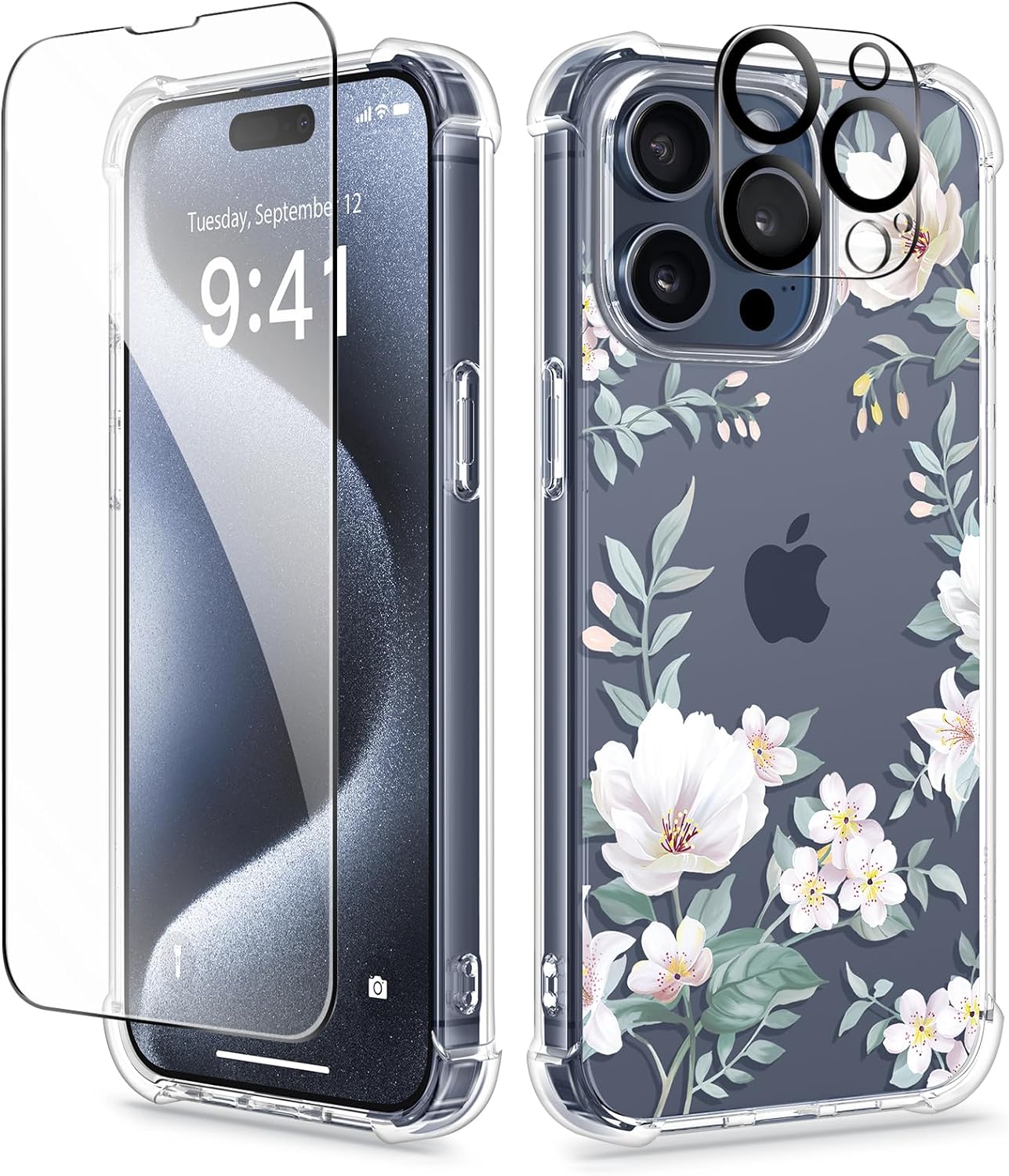 GVIEWIN for iPhone 15 Pro Case Floral, with Screen Protector+Camera Lens Protector, [Not Yellowing] Slim Shockproof Clear Phone Protective Cover for Women, Flower Pattern Design (Magnolia/White)