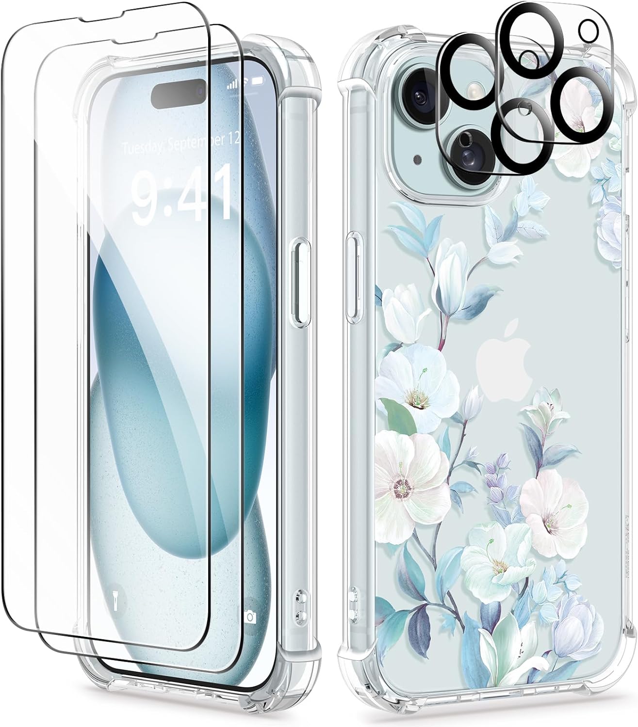 GVIEWIN for iPhone 15 Case, [5 in 1] with 2X Screen Protector & 2X Camera Lens Protector, Clear Soft Shockproof Slim Fit Floral Phone Cover for Women Girls 2023 6.1 (Hibiscus)