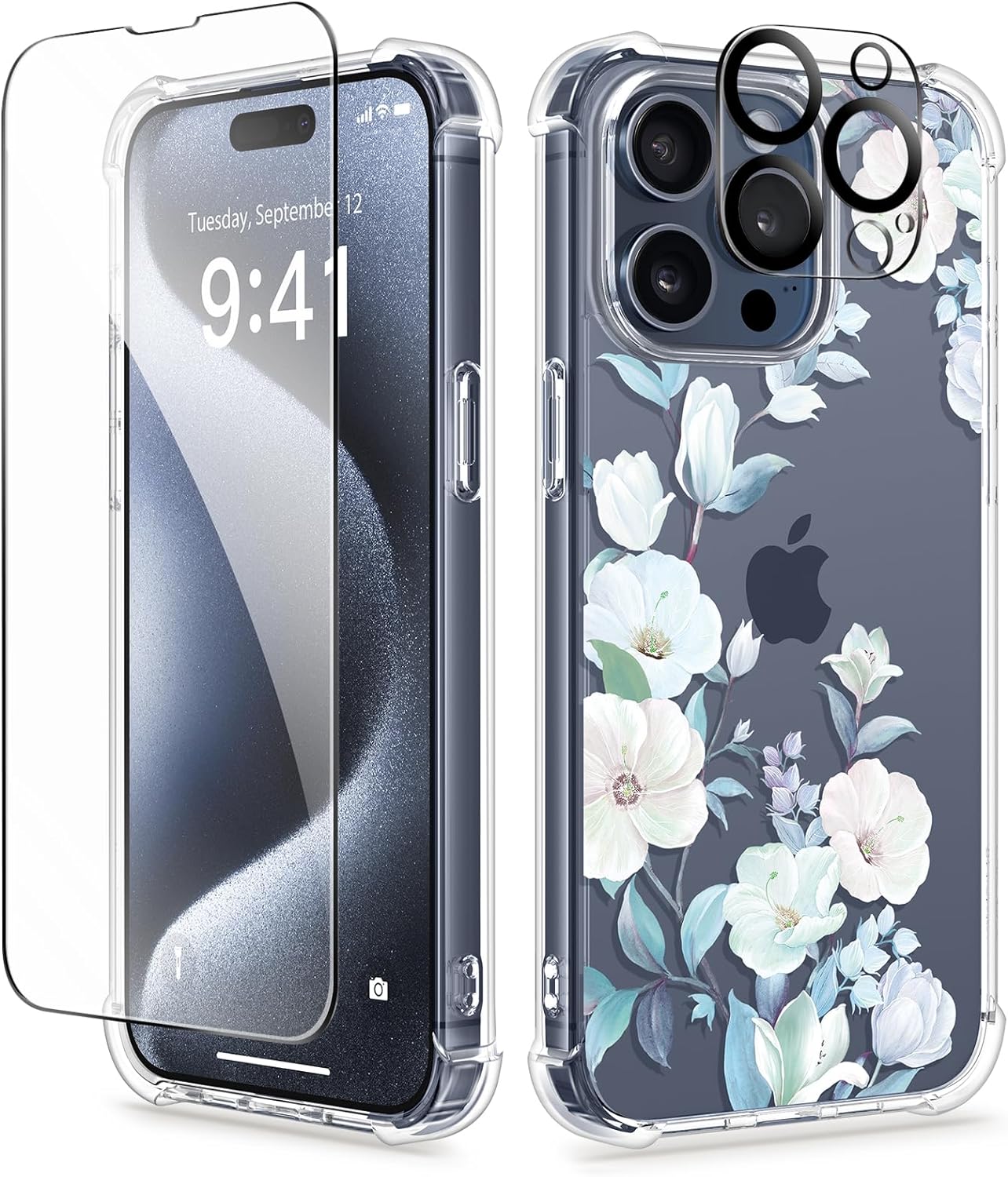 GVIEWIN for iPhone 15 Pro Case Floral, with Screen Protector Camera Lens Protector, [Not Yellowing] Slim Shockproof Clear Phone Protective Cover for Women, Flower Pattern Design (Hibiscus)