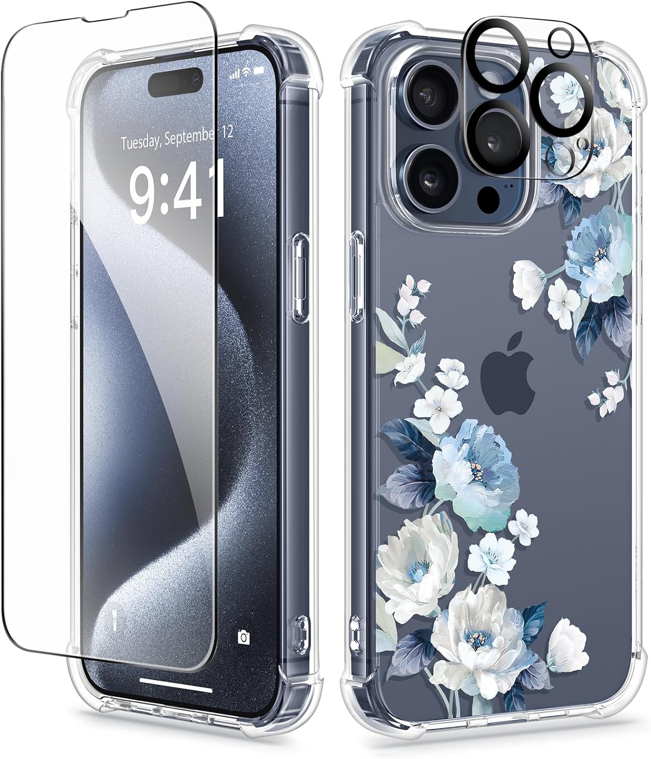GVIEWIN for iPhone 15 Pro Case Floral, with Screen Protector+Camera Lens Protector, [Not Yellowing] Slim Shockproof Clear Phone Protective Cover for Women, Flower Pattern Design (Rosa Chinensis/Blue)