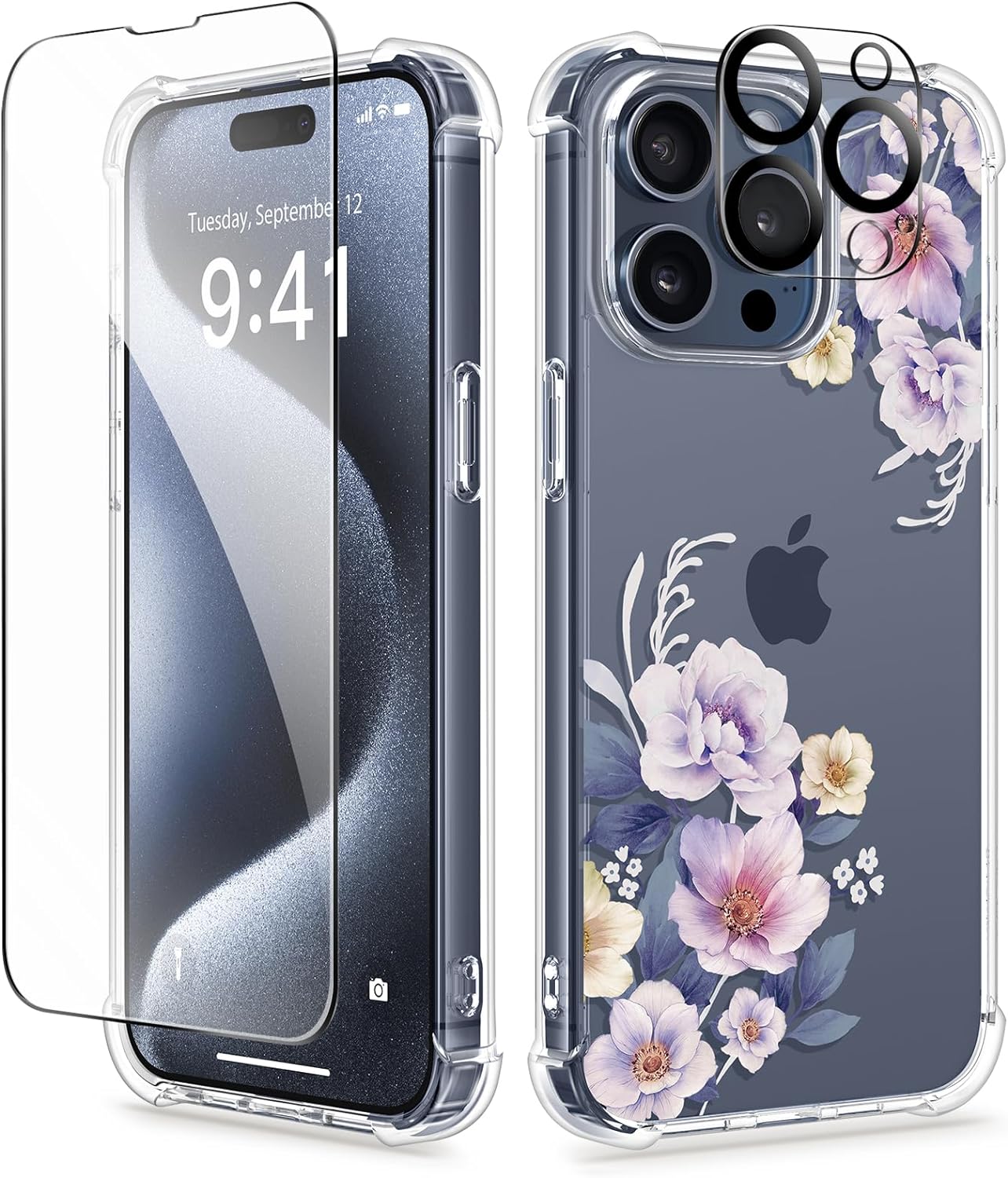 GVIEWIN for iPhone 15 Pro Case Floral, with Screen Protector+Camera Lens Protector, [Not Yellowing]Slim Shockproof Clear Phone Protective Cover for Women, Flower Pattern Design (Begonia Flowers/Blue)