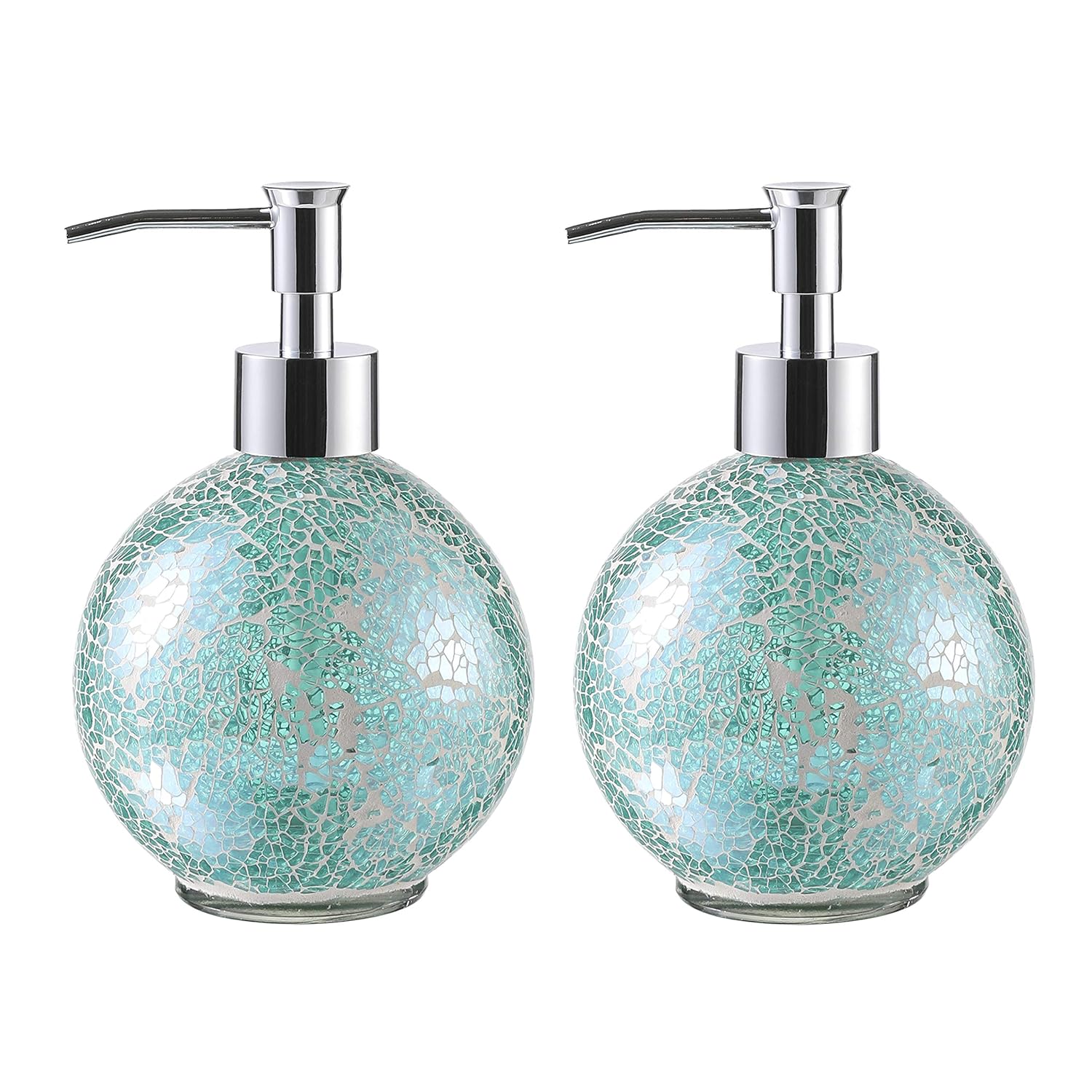 WHOLE HOUSEWARES | Glass Mosaic Hand Soap Dispenser for Bathroom | Lotion Bottle for Kitchen, Bathroom with Chrome Plated Plastic Pump |14 Ounce Set of 2 (Turquoise)