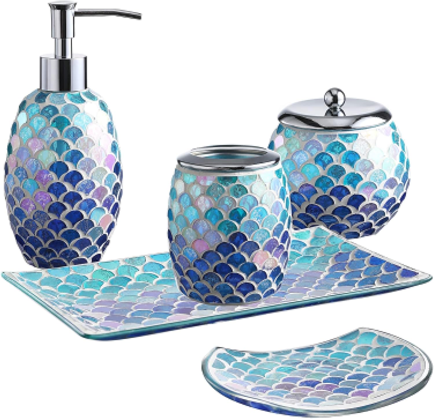 Whole HOUSEWARES | Bathroom Accessory Set | | Accesorios de Bao | 5-Piece Decorative Glass Bathroom Accessories Set | Soap Dispenser, Tray, Jar, Toothbrush Holder | Gift Idea | Mosaic Glass (Blue)
