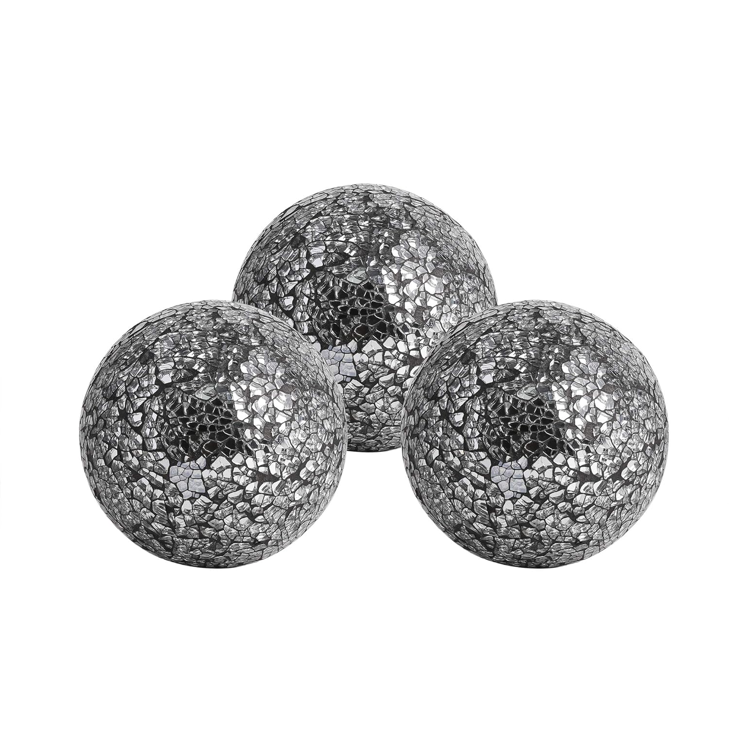 WHOLE HOUSEWARES | Decorative Balls | Set of 3 Glass Mosaic Orbs for Bowls | 4 Diameter | Table Centerpiece | Coffee Table and House Decor (Black Silver)
