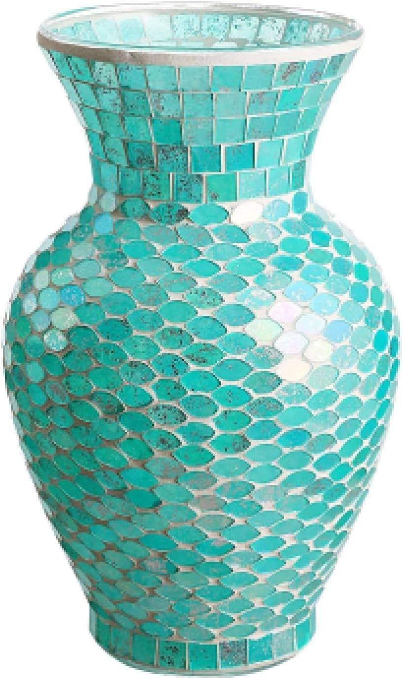 WHOLE HOUSEWARES Mosaic Glass Vase - 10.5-Inch Home Dcor Centerpiece - Elegant Glass Flower Vase for Office, Living Room, or Kitchen - Hand-Made Design Vase Ideal Gift for Housewarming - Blue