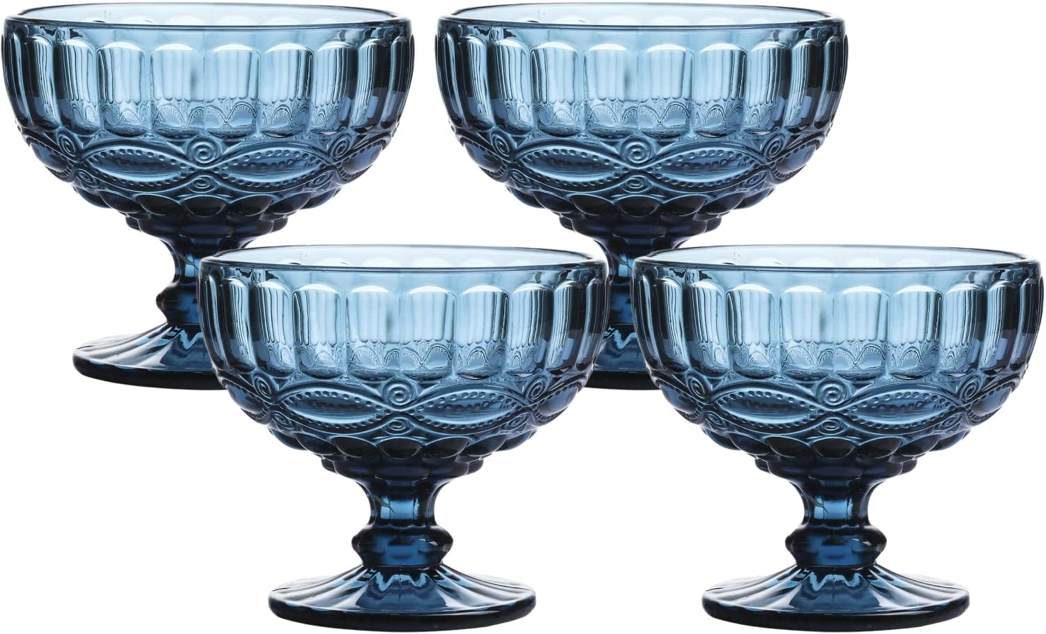 WHOLE HOUSEWARES 12 Ounce Glass Ice Cream Bowls - Vintage Pressed Pattern Glass Dessert Bowls - Trifle/Fruit/Salad/Sunday Small Ice Cream Bowl, Solid Glass Color, Set of 4 (Blue)